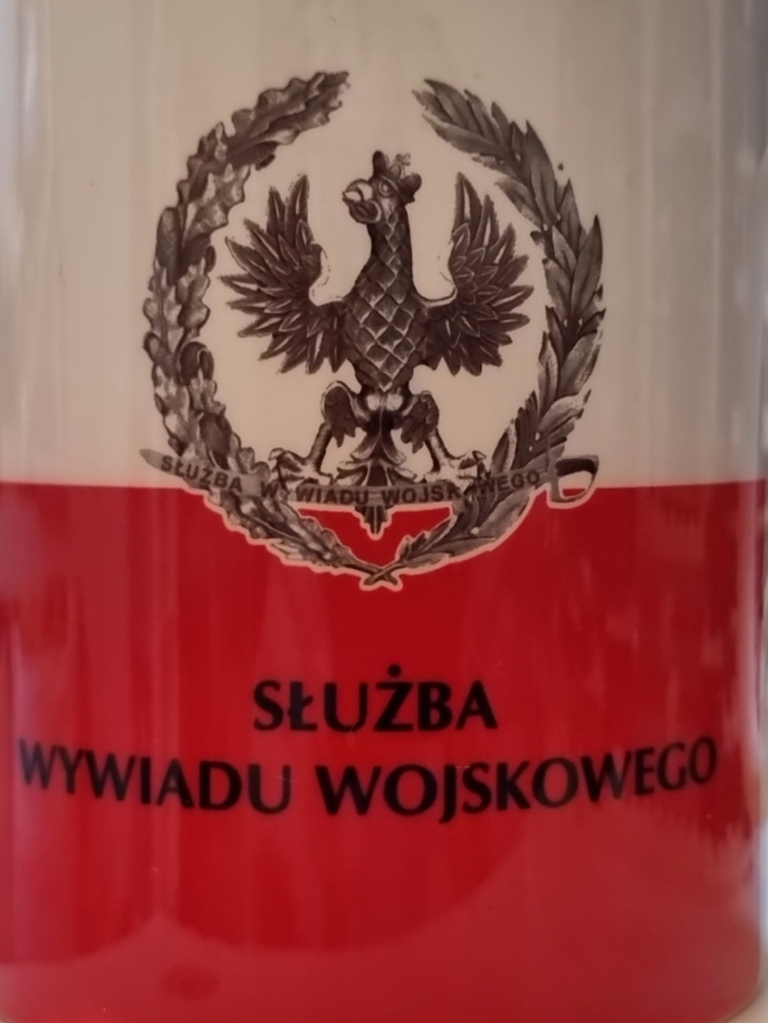Emblemat Służby Wywiadu Wojskowego na tle biało-czerwonym